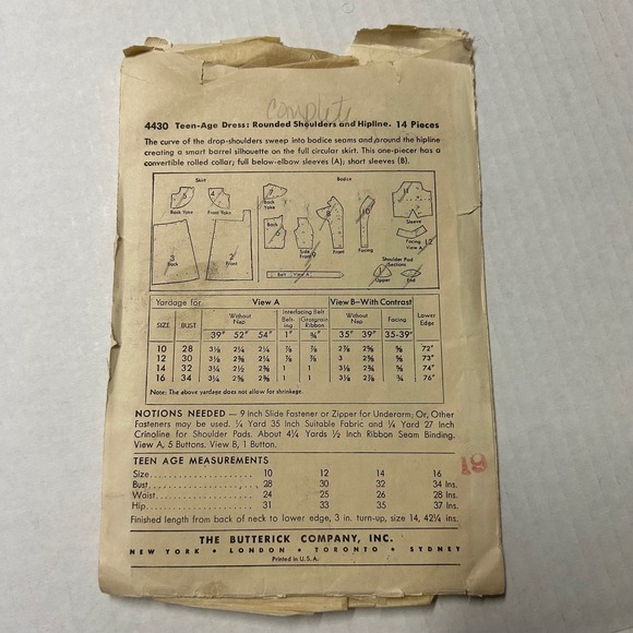 Butterick Vintage1940's? Pattern #4430 Teen Dress Size 14 HTF RARE - Picture 8 of 8